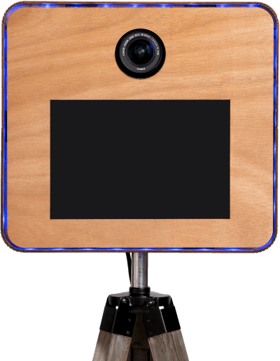 Photo booth box with tablet and DSLR camera on a wooden stand