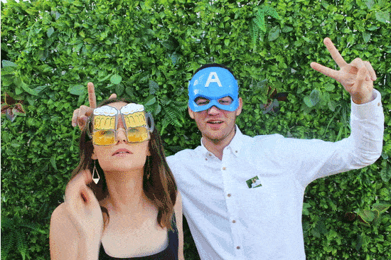 3 photos of a couple posing for a photo booth session with fun props