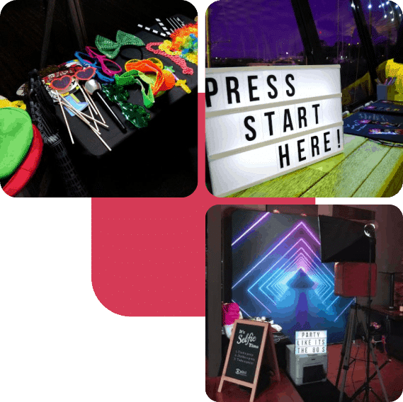 Collage with props, letter light box and photo booth setup